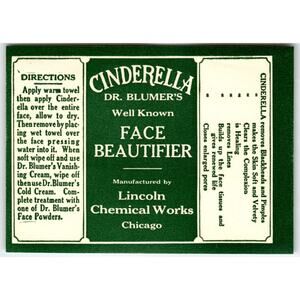 Cinderella Dr Blumer's Face Beautifier Product Label 1940's Original Chicago IL